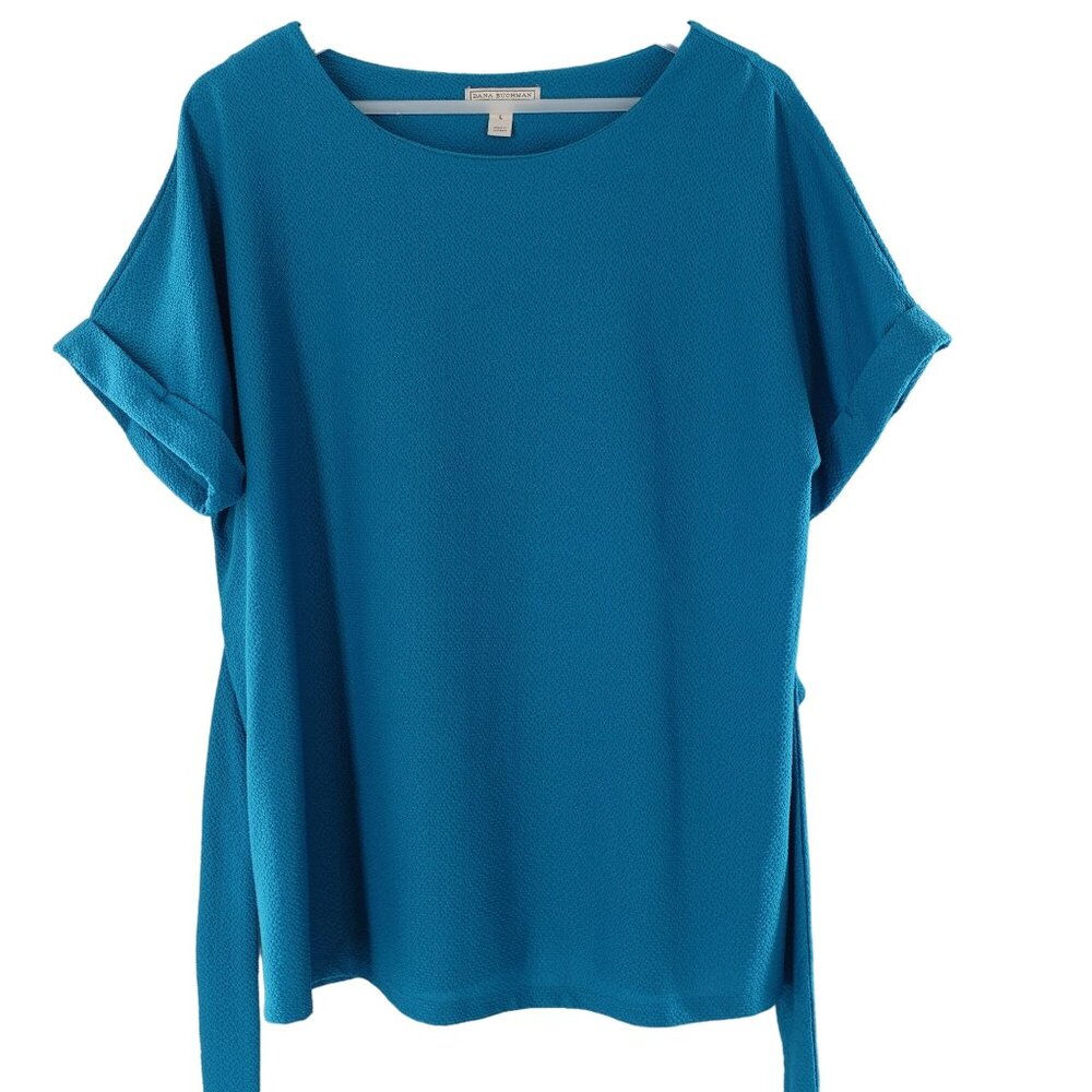 Short Sleeve Tie Waist  Teal Textured Blouse